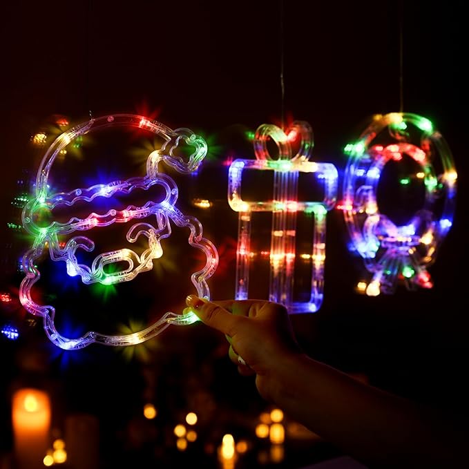 LOLStar Christmas Window Decorations, 3 Pack USB Multicolor Wreath, Gift Box, Santa Claus Xmas Indoor Window Lights, 8 Flashing Modes LED Lights for New Year, Home, Party, Room Decors