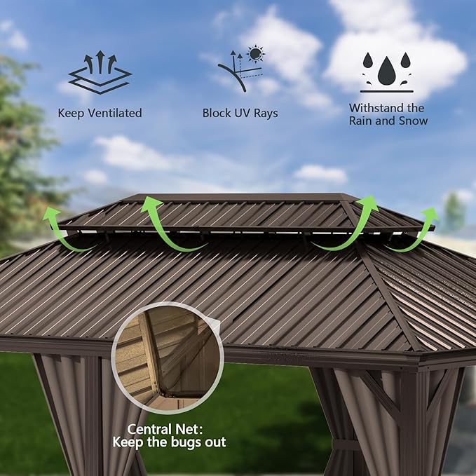 Domi 14x20FT Outdoor Gazebo, Hardtop Gazebo with Galvanized Steel Double Roof, Metal Gazebos with Drainage System Patio Pergola for Patio Deck Backyard,Curtain and Netting,Brown