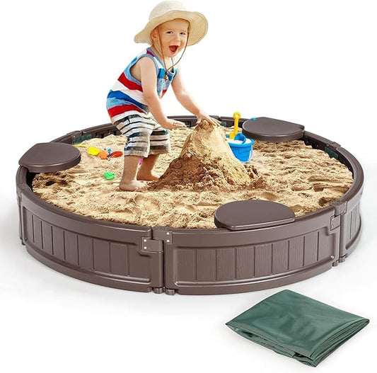 Costzon Round Kids Sandbox with Cover, HDPE Sand Pit w/Detachable Built-in Seating & Bottom Liner for Backyard, Garden, Beach, Lawn, Outdoor Sand Box for Kids Age 3+