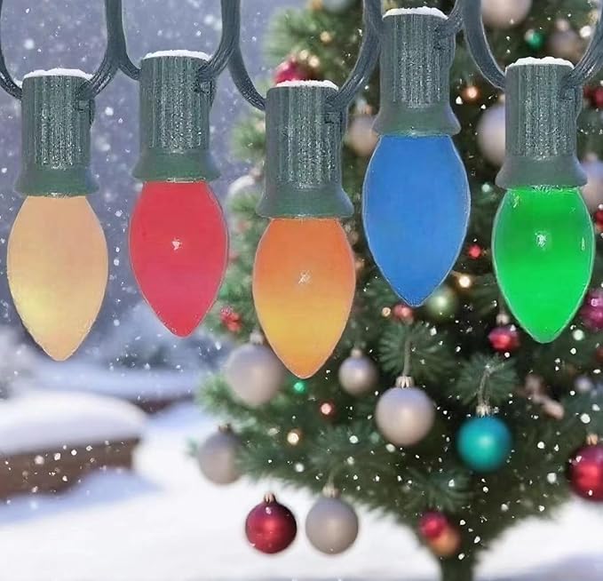 C7 Christmas Lights Outdoor Multicolor 5W,25Ft Incandescent Vintage String Lights with 27 Glass Bulbs,Green Wire,Waterproof for Outdoor Decor (Roofline,House,Garden,Patio)