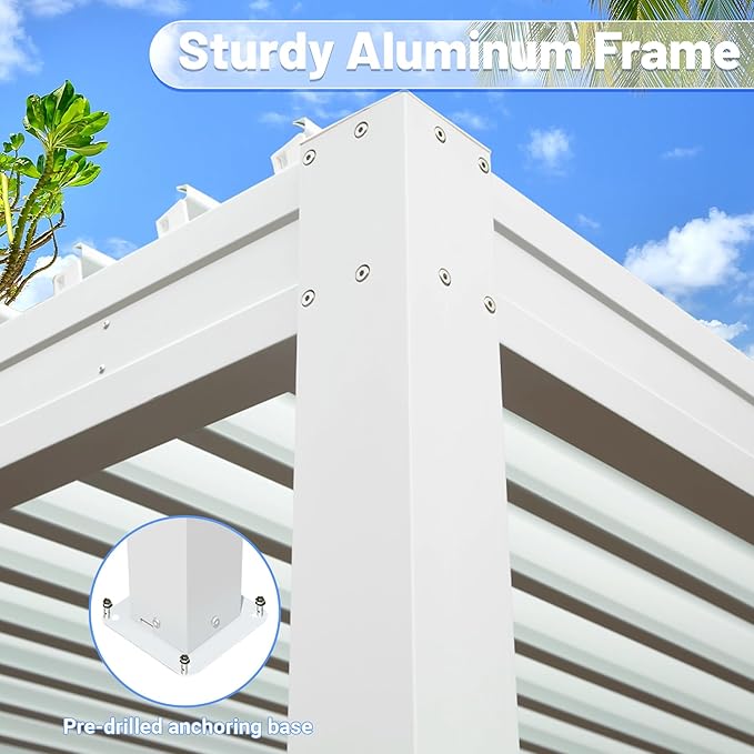 10’ x 13’ Louvered Pergola, Outdoor Pergola Aluminum Frame with Adjustable Rainproof Metal Roof, Permanent Sun Shade with Drainage System for Backyard, Garden and Lawn (White)