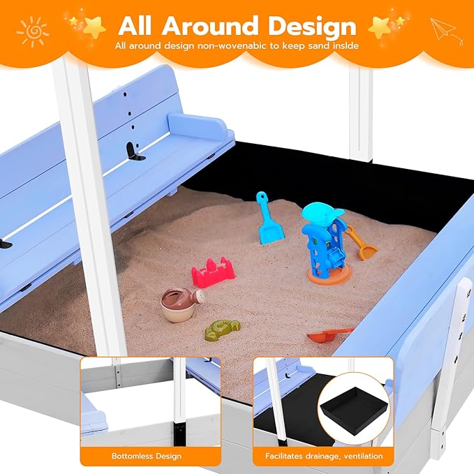 Wooden Kids Sandbox with Lid Sand Box with Canopy Outdoor Sandpit with Cover Adjustable Roof Bottom Liner
