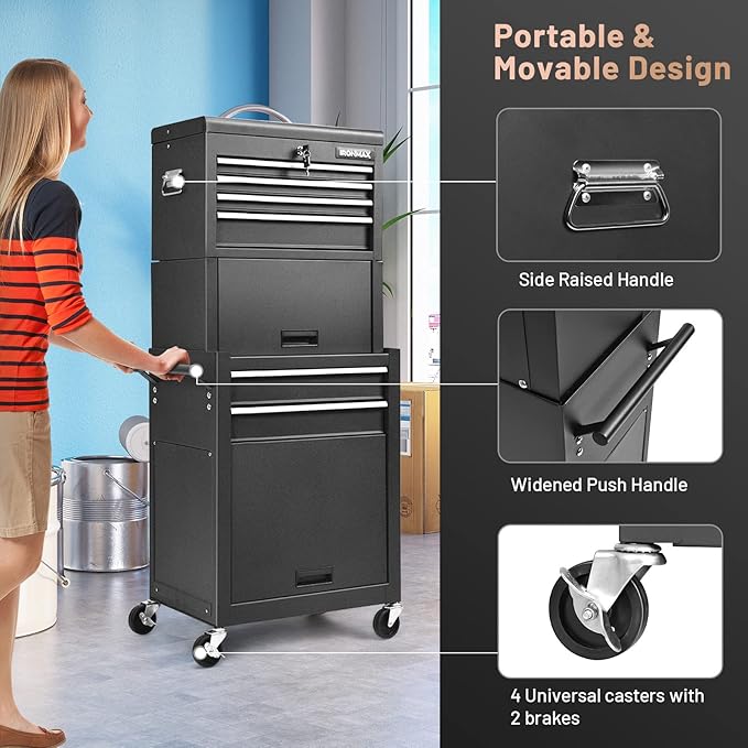ERGOMASTER Rolling Tool Chest - Removable Top Box Large Bottom Cabinet with Casters and Lock System Tool-Box - Heighten 6-Drawer Black