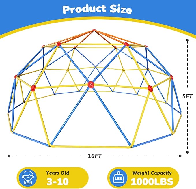 10FT Climbing Dome, Outdoor Jungle Gym for Kids- Supports 1000LBS-Anti-Rust Metal Outdoor Play Structure ASTM Approved, Easy Assembly