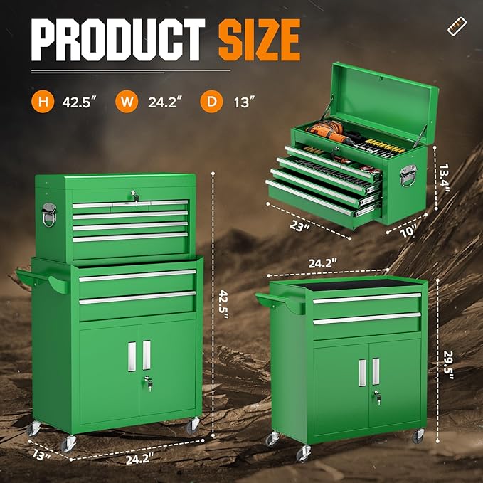Crownland 8-Drawer Rolling Tool Chest with Wheels, Lockable 2 in 1 Detachable Tool Cabinet wit Drawers and Black Liners, Garage Top Toolbox & Bottom Storage Cart with Side Hooks(Green)