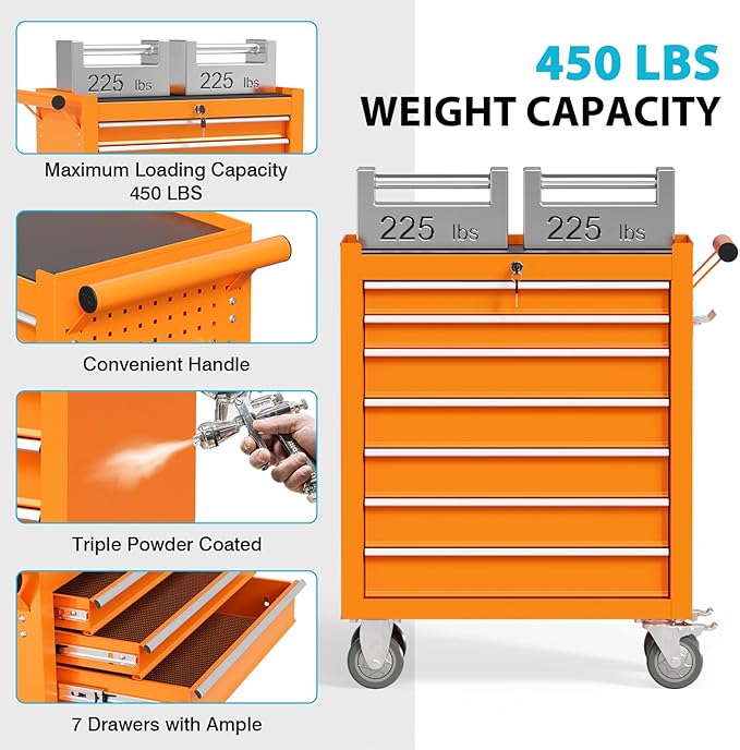 7 Drawers Rolling Tool Box, Portable Storage Tool Chest with Wheels, Toolbox with Lock for Warehouse, Garage, Repair Shop and Tool Room (Orange)