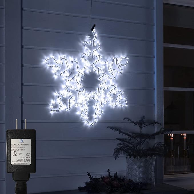 DBFAIRY 27" Christmas Big Snowflake Lights Mains Powered Window Hanging Lights Christmas Snowflakes Light,16.8Ft Long Cable Festive Decor for Porch Wall Window Decor