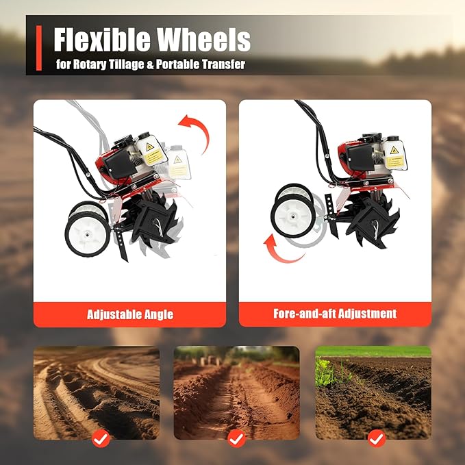 52CC 2-Stroke Gas Powered Tiller Cultivator 1700W Heavy-Duty Single Cylinder Motor, Gasoline Powered Garden Tiller, Garden Cultivator for Cultivation, Trenching, Soil Tillage, Loosening
