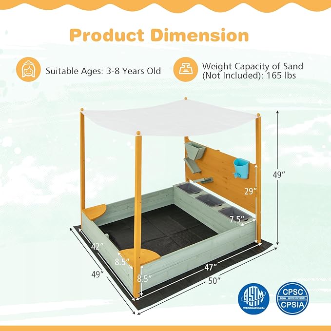 Costzon Kids Sandbox with Sand Wall, Wooden Sandpit w/Removable Canopy, Water Bucket, Storage Bins, 2 Corner Seats & Bottom Liner, Outdoor Sand Box for Kids Aged 3-8 (Backyard, Garden & Beach)