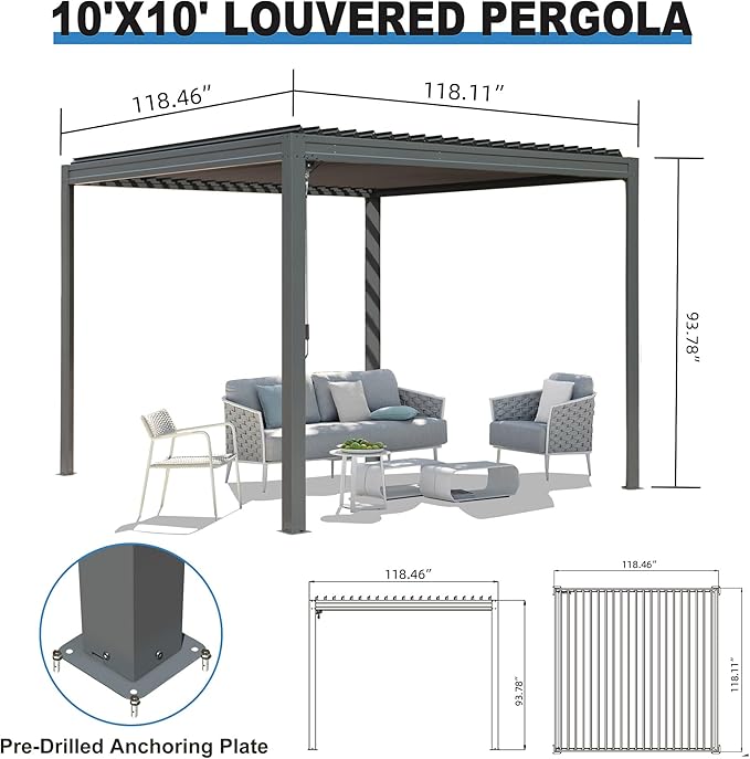10’ x 10’ Louvered Pergola, Outdoor Pergola Aluminum Frame with Adjustable Rainproof Metal Roof, Permanent Sun Shade with Drainage System for Backyard, Garden and Lawn (Grey)