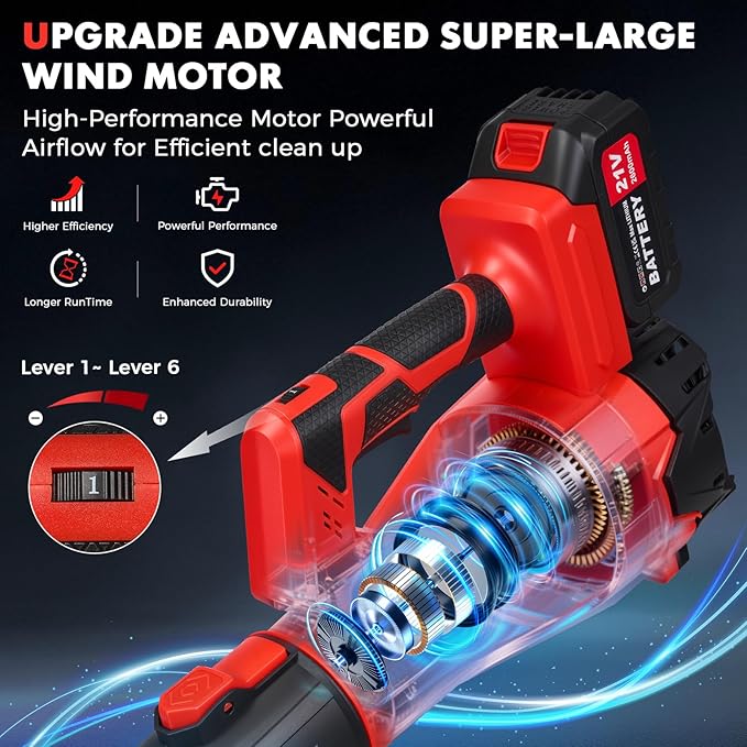 6-Speed Modes Cordless Leaf Blower 21V,200MPH High-Velocity Electric Blower,Lightweight for Dry/Wet Leaves,Lawn Debris,Garage and Driveway Cleaning,Red