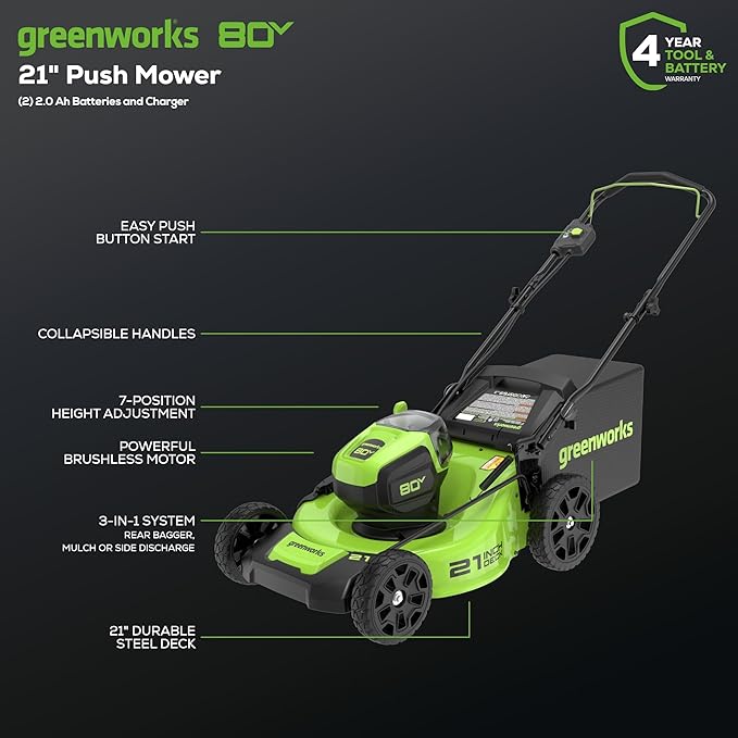 Greenworks 80V 21¡± Brushless (Push) Cordless Electric Lawn Mower + (500 CFM) Axial Leaf Blower (75+ Compatible Tools), (2) 2.0Ah Batteries and 30 Minute Rapid Charger