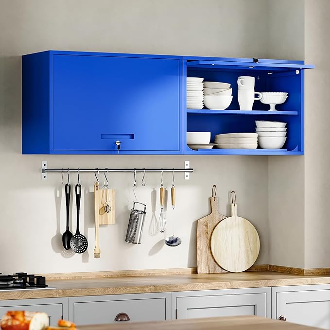 Yizosh Metal Garage Wall Cabinet with Doors and Shelves, Wall Mounted Metal Storage Cabinet, Floating Garage Tool Cabinet for Garage, Basement, Kitchen, Warehouse (Blue, 21.6 H)