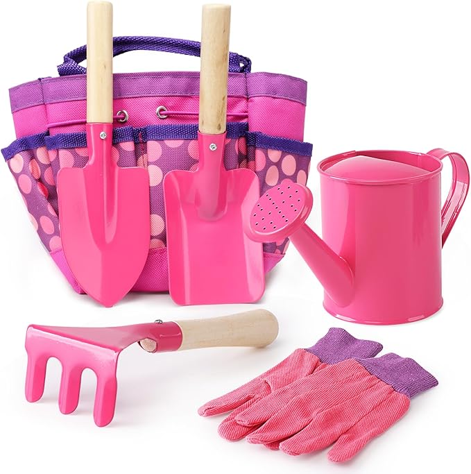 Kids Gardening Tools Set, Toddler Play Kit Child Outdoor Toy with Gloves, Watering Can, Metal Shovel, Rake, Spade & Storage Bag, Backyard Sand Digging Birthday for Boys Girls 3 4 5 (Pink)