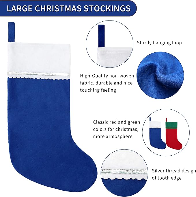 12 Pack Felt Christmas Stockings, 19 Inches Blue and White Christmas Stockings Hanging Ornaments, White Cuff with Silver Trim Christmas Stockings for Family Christmas Holiday Decorations