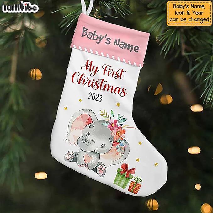 LOVELYPOD Christmas Stockings Personalized with Name, 19" Christmas Stocking Elephant Baby First Christmas Stocking 2023, Xmas Stocking Holiday Christmas Decoration Gifts for Family Kids