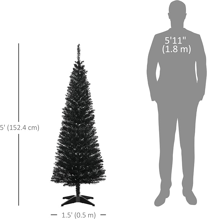 HOMCOM 5' Artificial Pencil Christmas Tree, Slim Xmas Tree with 294 Realistic Branch Tips and Plastic Stand, Black