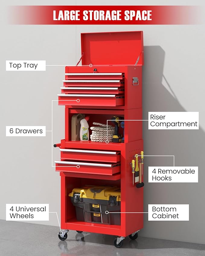 ARNOT 2-in-1 Rolling Tool Chest with 5 Drawers, Heavy-Duty Metal Tool Box with Wheels, Detachable Top Tool Box & Rolling Tool Cabinet for Garage, DIY (6-Drawers Whith Middle Box, Red)