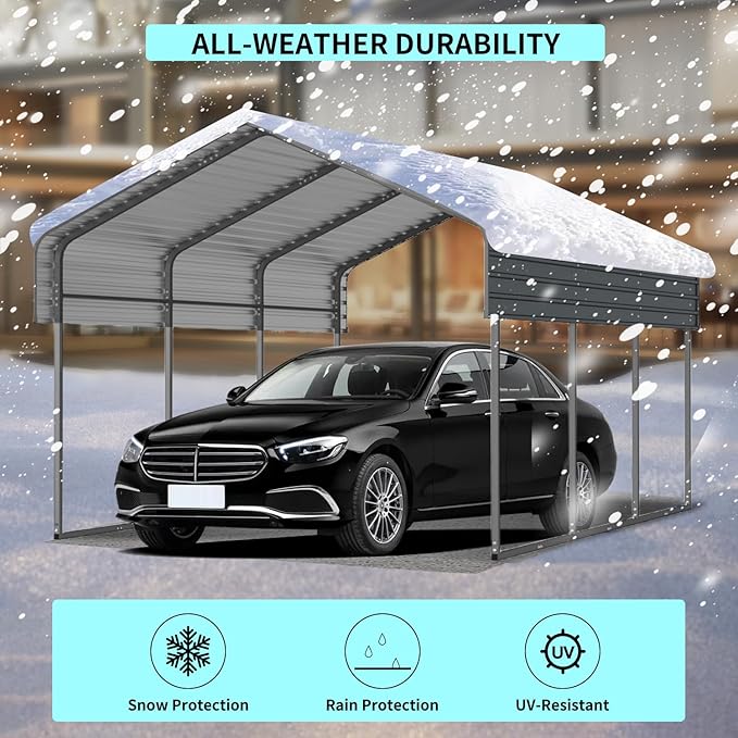 10x15 FT Metal Carport, Heavy Duty Car Port Canopy with Galvanized Steel Roof & Frame, Large Metal Carport Kit, Outdoor Car Garage, Steel Car Shelter for Car, Boat, Truck, Black