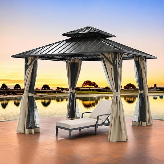 10' x 10' Hardtop Gazebo, Aluminum Frame Outdoor Patio Gazebos with Netting and Curtains, Outdoor Gazebo Canopy, Patio Pergola with Double Steel Roofs for Backyard, Patio, Deck, Sandstone