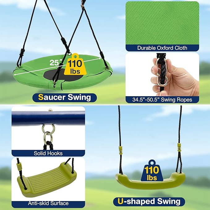 GLACER 7-in-1 Kids Swing Set w/ 2 Swings, Slide, Fun Glider, Gym Rings, Monkey Bars, Basketball Hoop, 660 LBS Swing Set for Kids, Heavy Duty Play Set for Backyard, Garden, Park