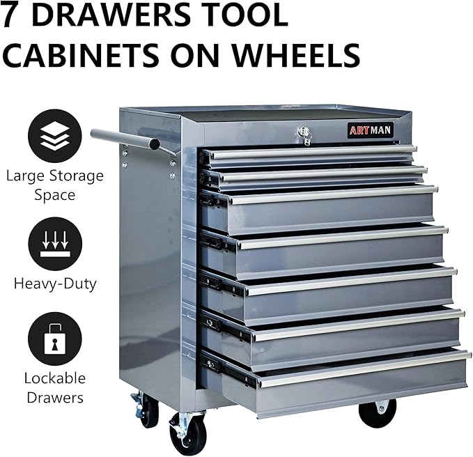RYH 7 Drawers Rolling Tool Chest & Tool Box on Wheels | Heavy Duty Metal Cart with Ball Bearing Drawers | Fits US General Tool Box for Garage Storage (Silver, 7 Drawers£¨29.9 H ¡¿ 24.2 W ¡¿ 12.9 D)