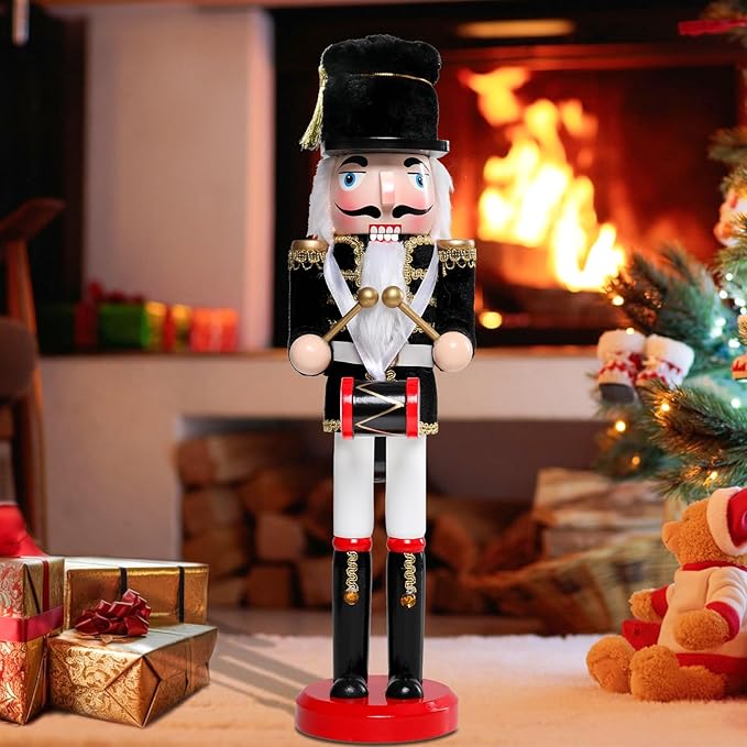 Christmas Nutcracker Decorations Nutcracker Figure 15 Inch Wooden Nutcrackers Collectible Ornament Nutcrackers Soldier for Table Desktop Home Christmas Decor Xmas Indoor Decor Black Hat beat a drum