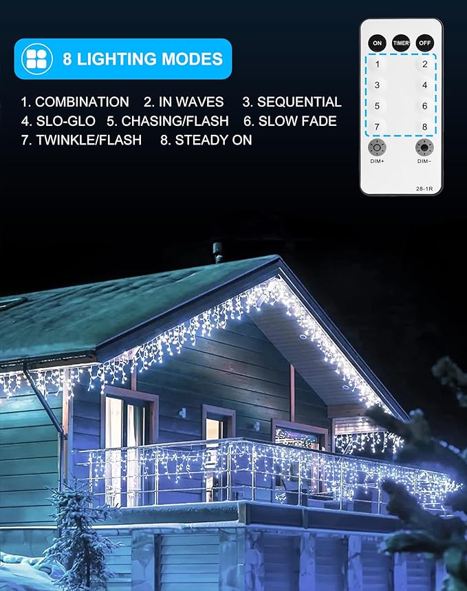 Christmas Outdoor Icicle Lights 624 LED 59FT with 96 Drops, Icicle LLights For Outside Cool White Waterproof for Roof/Gutter/Wedding, 8 Modes & Remote, Timer, Energy-Efficient Holiday Decorations