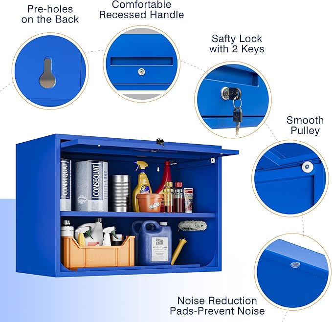 Yizosh Metal Garage Wall Cabinet with Doors and Shelves, Wall Mounted Metal Storage Cabinet, Floating Garage Tool Cabinet for Garage, Basement, Kitchen, Warehouse (Blue, 21.6 H)