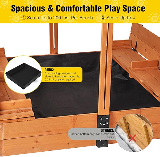 Aivituvin Kids Sand Boxes with Lid and Canopy, Outdoor Sandboxes with Cover, Foldable Bench Seats, Retractable Roof, Sand Table for Kids Ages 4-8 (Brown)