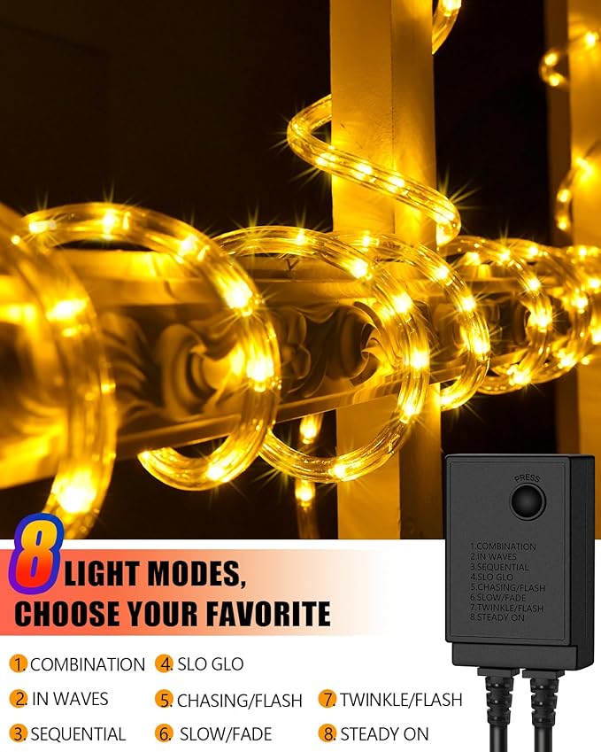 Coroor 100ft 1080 LED Rope Lights Christmas Outdoor Waterproof, Flexible Connectable Tube Lights with 8 Modes, String Lights Decorative Lighting for Garden Patio Tree Bedroom Xmas Decor(Warm White)