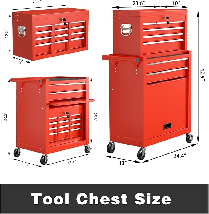 8-Drawer Rolling Tool Chest, High Capacity Removable Tool Storage Cabinet, Detachable Toolbox with Lock for Garage Warehouse and Tool Room (Red)