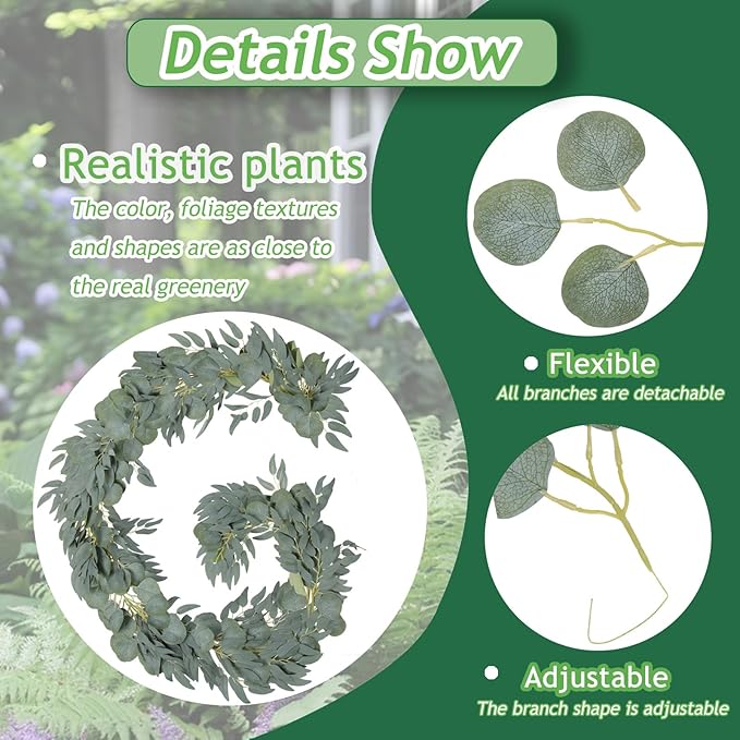 Grever 2 Pack Artificial Greenery Garlands 6.56 Feet Fake Eucalyptus Leaves Garland with Willow Leaves for Indoor and Outdoor Wedding Birthday Bridal Baby Shower Arch Table Runner Decor