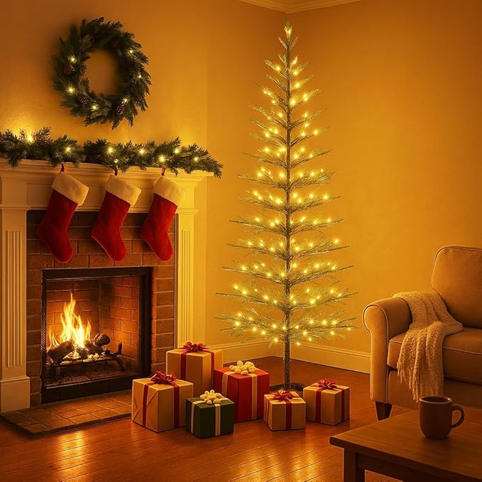 7.5FT 180 LED Minimalist Pre-Lit Slim Pencil Artificial Christmas Tree with Warm White Lights Scandinavian Style Decor Indoor Holiday Decoration Modern Xmas Tree