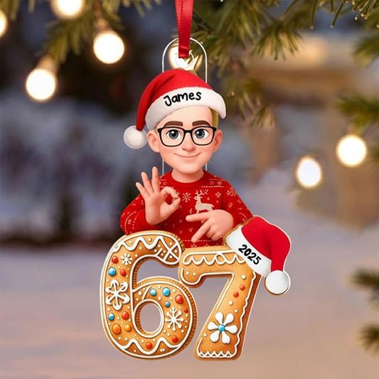 Paraeva Custom 67 Ornament 2025, Custom Name Funny Gen Z Meme Decoration, Viral Six Seven Christmas Ornament with Santa Hat, Acrylic Ornaments for Teens, Gifts for Christmas 4