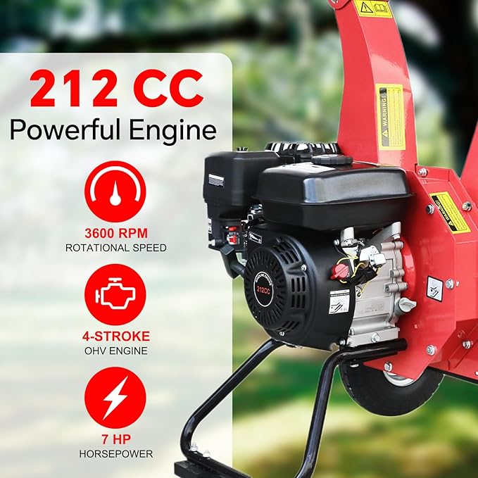 Wood Chipper Shredder Mulcher, 7 HP 212cc Gas-Powered Heavy Duty Engine, 3-Blade Disc Cutter, 10 Large Wheels for Easy Mobility, for Garden, Orchard, Courtyard, Farm