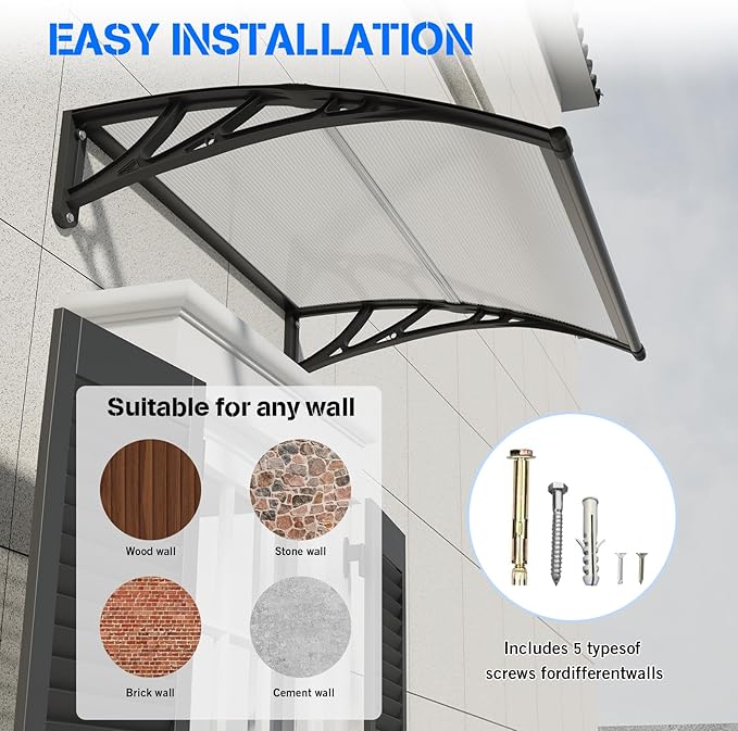 Awning for Door Entrance,32x80IN Window Awnings for Doors Canopy Polycarbonate Cover Patio Door Awning UV Rain Snow Sunlight Protection Hollow Shee