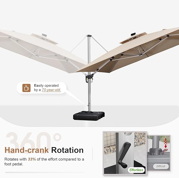 PURPLE LEAF 11 Feet Solar Powered LED Square Cantilever Umbrella With Base Patio Umbrellas Windproof Hanging Umbrella Outdoor Umbrellas Offset Umbrellas, Beige
