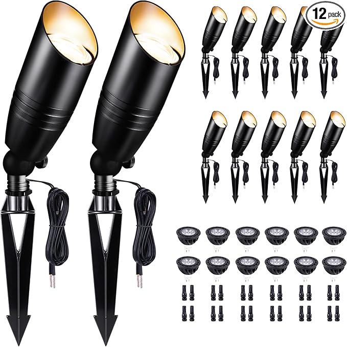 Landscape Spotlights, Black Low Voltage LED Outdoor Lighting, IP65 Waterproof Aluminum uplight for Yard House Porch with 5W MR16 Bulb 5000K 12 Pack