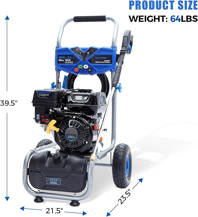 Gas Pressure Washer, 3500 PSI 2.3 GPM Power Washer with 209CC Engine, 4 Quick-Connect Nozzles, 25FT Hose, 3L Soap Tank, High Pressure Washer for Car, Driveway, Fence, Patio, Home Cleaning
