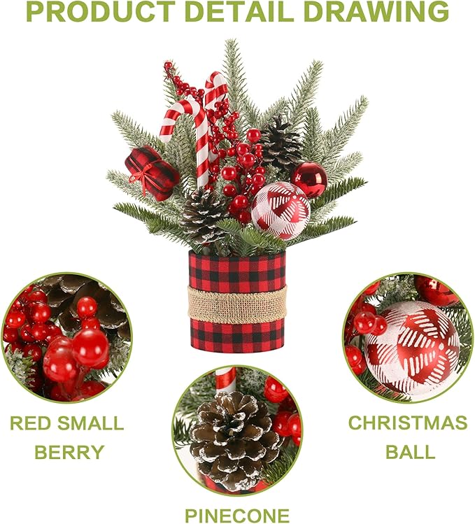 Super Holiday Small Winter Buffalo Check Plaid Christmas Tree, Artificial Mini Tabletop Christmas Tree Decorations with Xmas Ornaments, for Home Party Thankgivings Decor, Red/Black-Indoor