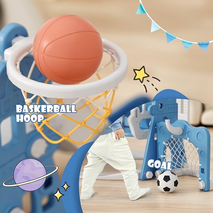 KORIMEFA 5-in-1 Kids Slide and Swing Set, Toddler Slide with Basketball Hoop, Swing, Outdoor Indoor Playground for Toddlers 1-3 (5 in 1- Blue)