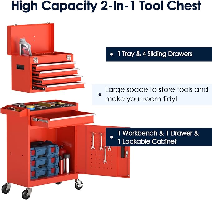 5-Drawer Rolling Tool Chest, High Capacity Removable Tool Storage Cabinet, Detachable Toolbox with Lock for Garage Warehouse and Tool Room (Red)