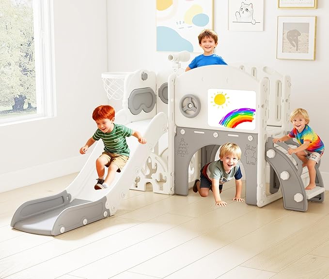 10-in-1 Toddler Slide Playset,Indoor Playground for Kids 1-3 and Toddler Outdoor playset with Golf Set, Basketball Hoop, Climbing Frame, Drawing Board and Steering Wheel, Gray & White