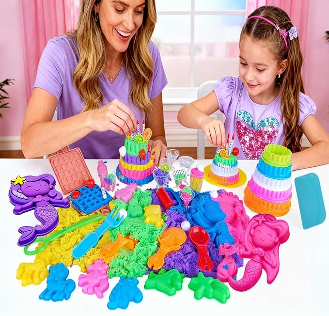 Fweir Sensory Bin for Boy Girl Kid Toy,50+Pieces Play Sand Kit with Sandbox, 3.5lbs Color Sand, 27 Molds Including Mermaid & Unicorn, Cake Cups, Waffle, Sensory Toys for Girl Toddler Ages 3-8