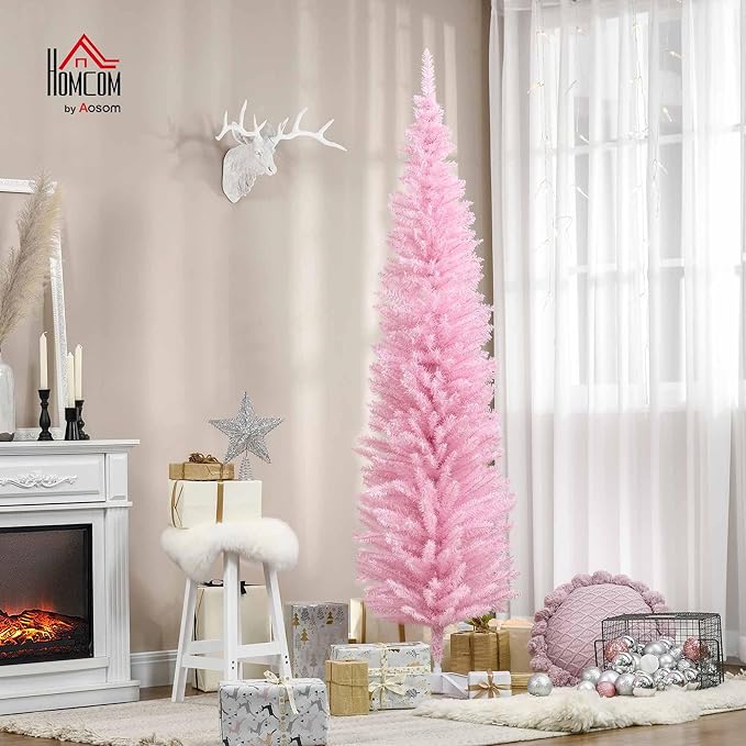 HOMCOM 7' Artificial Pencil Christmas Tree, Slim Xmas Tree with 499 Realistic Branch Tips and Plastic Stand, Pink