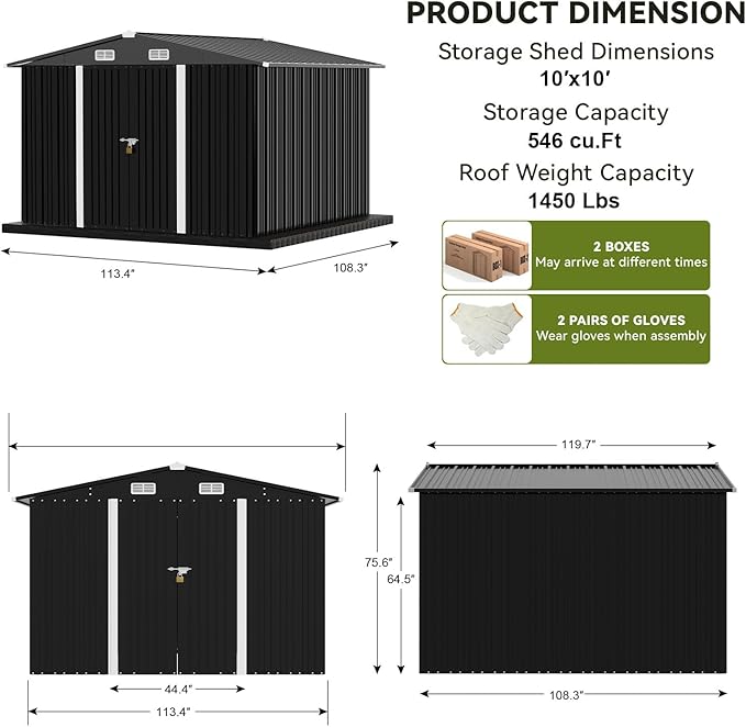 COMHOMA Shed Outdoor Storage Shed Metal,Lockable Doors Tool Sheds with Sloping Roof,Steel Garden Shed with Air Vent for Backyard,Patio,Lawn,Poolside (Grey, 10'*10')