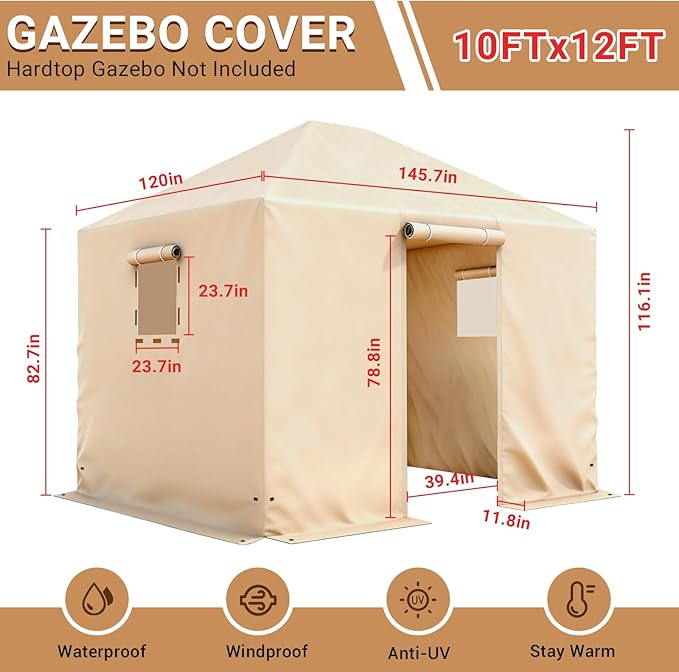 Winter Gazebo Cover for 10x12 Outdoor Hardtop Gazebos, Waterproof Enclosed Canopy Protective Covers Gazebo Accessories with 4 Sand Bags