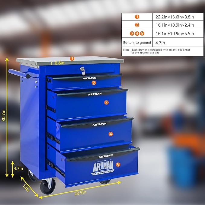 RYH 4/5/6/7 Drawers Rolling Tool Chest -Heavy Duty Mobile Metal Tool Box with Locking Wheels, with Stainless Steel Worktop, Garage Tool Storage Cabinet (Blue, 4-Drawers 30.7 H¡¿22.2 W)