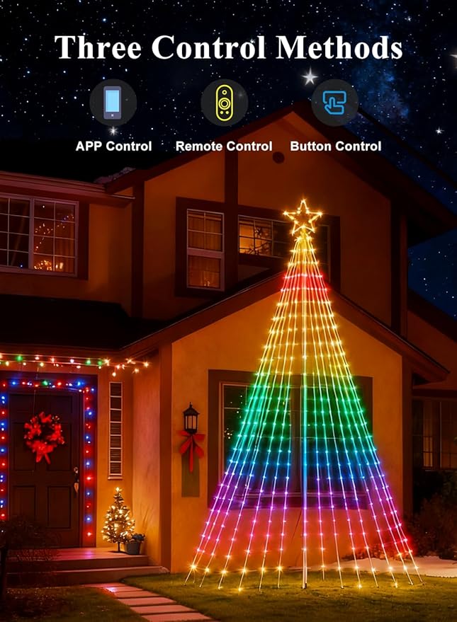17FT Christmas Tree Lights with 564 LEDs, RGB Color Changing String Lights with Remote & Smart App Control, 52+ Modes, IP67 Waterproof Waterfall Lights with Pole for Xmas Outdoor Decorations